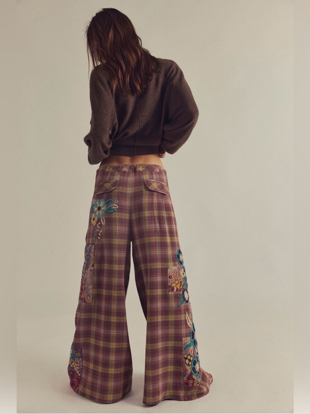NWT Free People Brooks Embroidered Wide-Leg Patchwork Pants in Green Combo - Picture 5 of 16